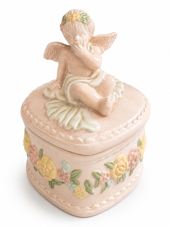 Unknown Other - Vintage Pink Ceramic Cherub Heart Trinket Jewelry Box Floral
